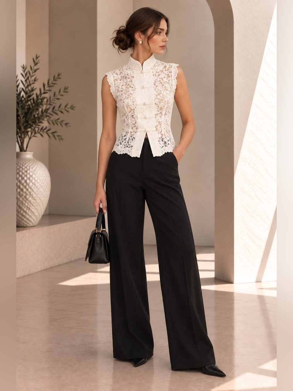Commense Off White Lace Mandarin Collar Pearl Button Top XS